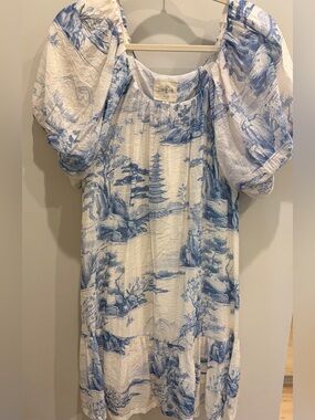 Umgee Blue and White Toile Puff Sleeve Dress (knee length)